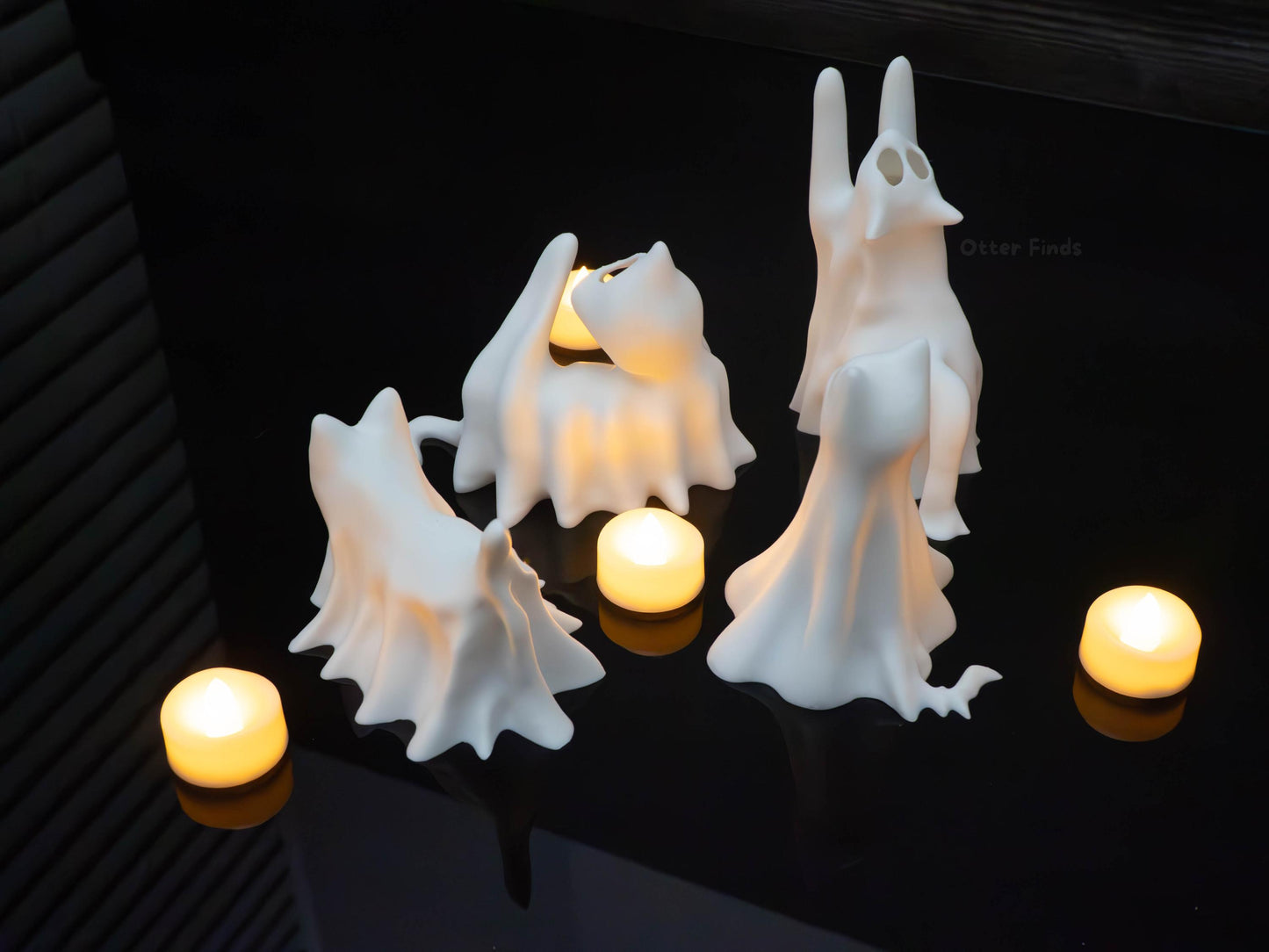 Ghost Cats with LED Tea Lights - Halloween Home Decor - Gifts for Cat Lovers - Office Desk Autumn Decor - 3D Printed Ghost Pet Night Light
