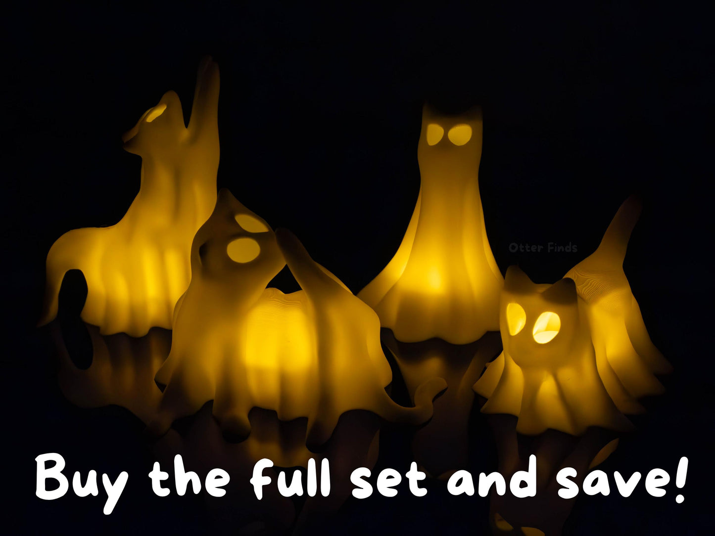 Ghost Cats with LED Tea Lights - Halloween Home Decor - Gifts for Cat Lovers - Office Desk Autumn Decor - 3D Printed Ghost Pet Night Light