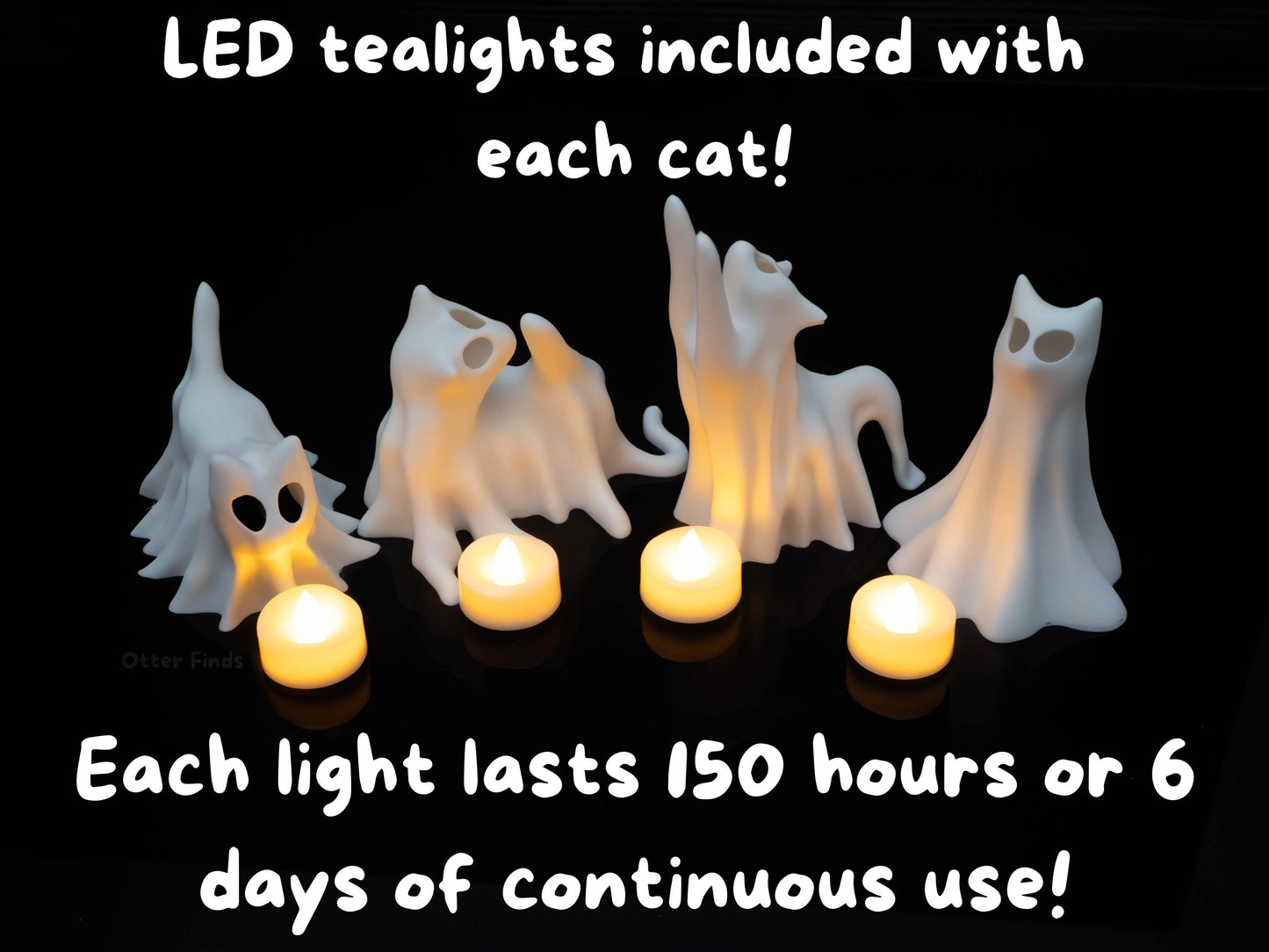 Ghost Cats with LED Tea Lights - Halloween Home Decor - Gifts for Cat Lovers - Office Desk Autumn Decor - 3D Printed Ghost Pet Night Light