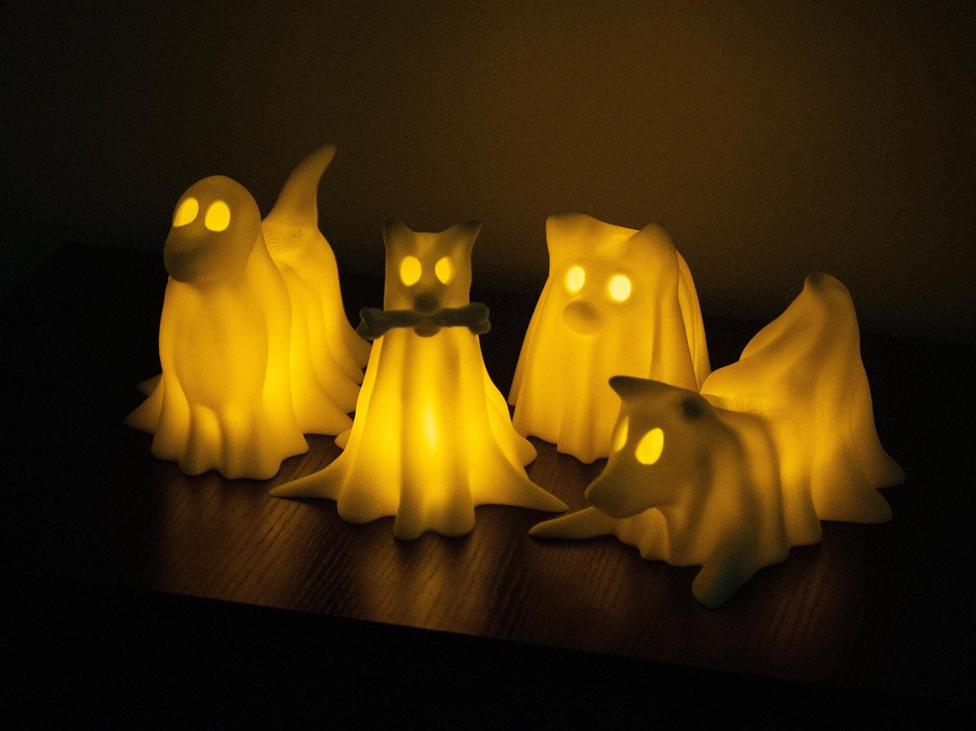 Ghost Dogs with LED Tea Lights - Halloween Home Decor - Gifts for Dog Lovers - Office Desk Autumn Decor - 3D Printed Ghost Pet Night Light