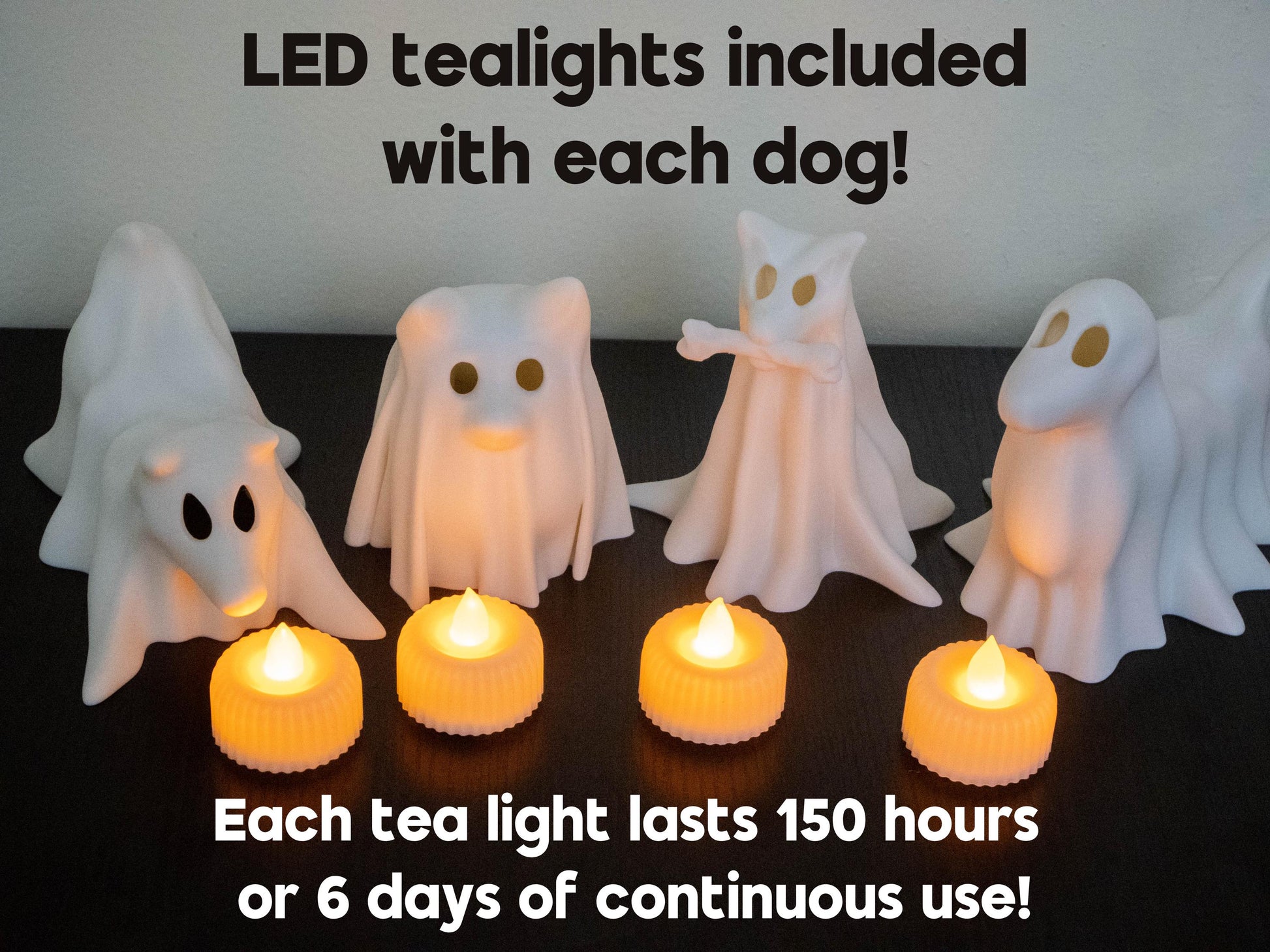 Ghost Dogs with LED Tea Lights - Halloween Home Decor - Gifts for Dog Lovers - Office Desk Autumn Decor - 3D Printed Ghost Pet Night Light