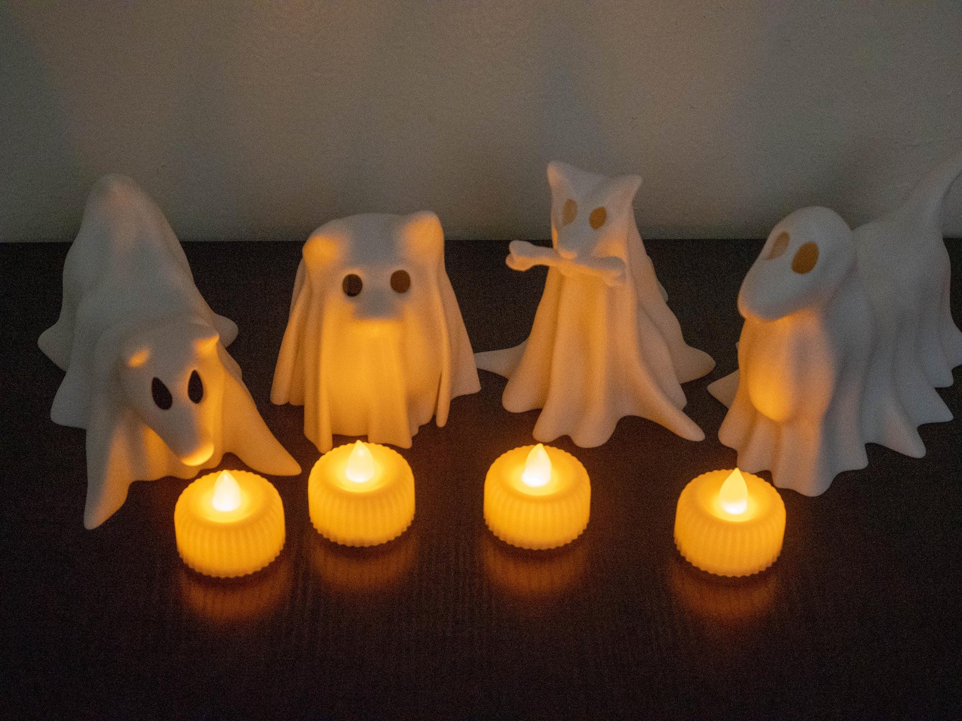 Ghost Dogs with LED Tea Lights - Halloween Home Decor - Gifts for Dog Lovers - Office Desk Autumn Decor - 3D Printed Ghost Pet Night Light