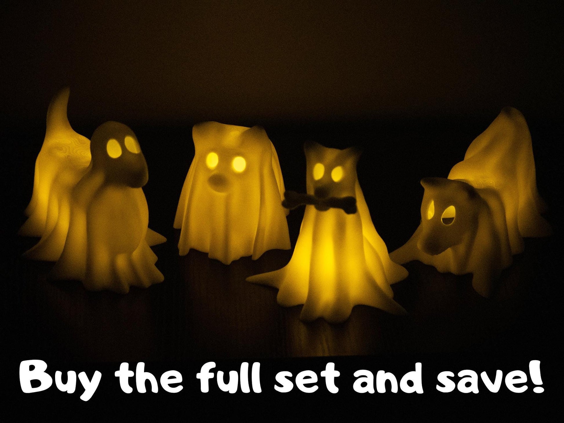 Ghost Dogs with LED Tea Lights - Halloween Home Decor - Gifts for Dog Lovers - Office Desk Autumn Decor - 3D Printed Ghost Pet Night Light