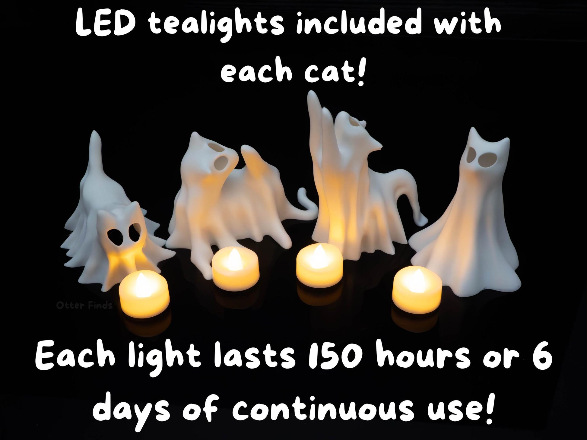 Ghost Cats with LED Tea Lights - Halloween Home Decor - Gifts for Cat Lovers - Office Desk Autumn Decor - 3D Printed Ghost Pet Night Light
