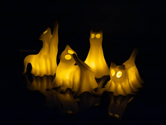 Ghost Cats with LED Tea Lights - Halloween Home Decor - Gifts for Cat Lovers - Office Desk Autumn Decor - 3D Printed Ghost Pet Night Light