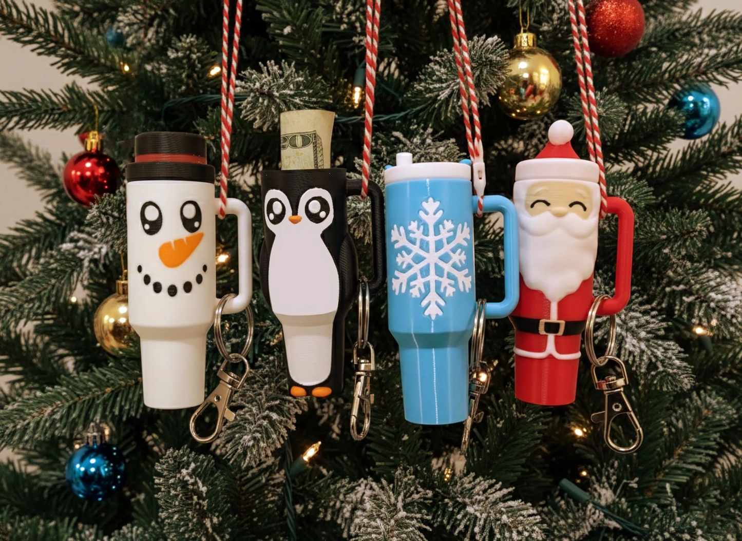 Christmas Tumbler Ornament Keychains - Lip Balm Holder - Tree Money Ornament - Secret Santa Gift - Stocking Stuffer - Holiday Keepsake