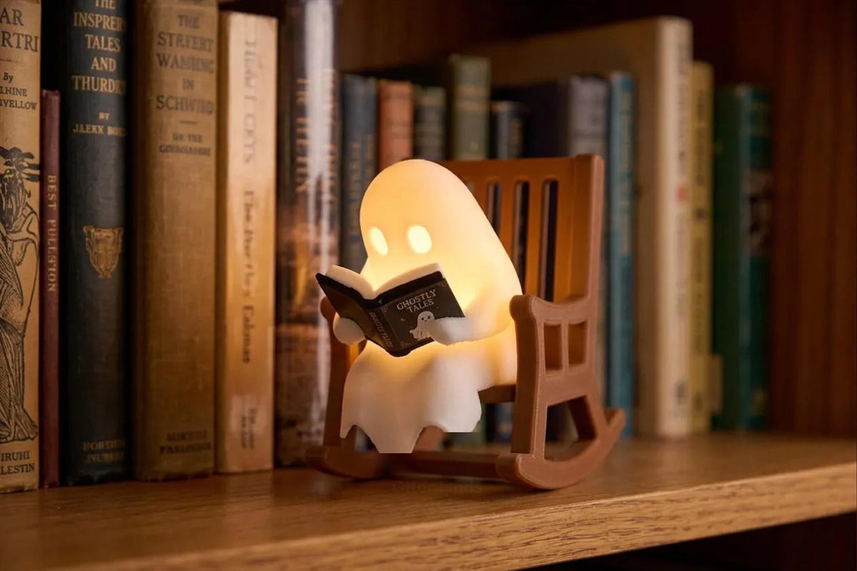 Reading Ghost Shelf Sitter - Glowing Bookshelf Decor - Cute Book Lover Gift - Halloween Ornament - Reading Nook & Library Decor