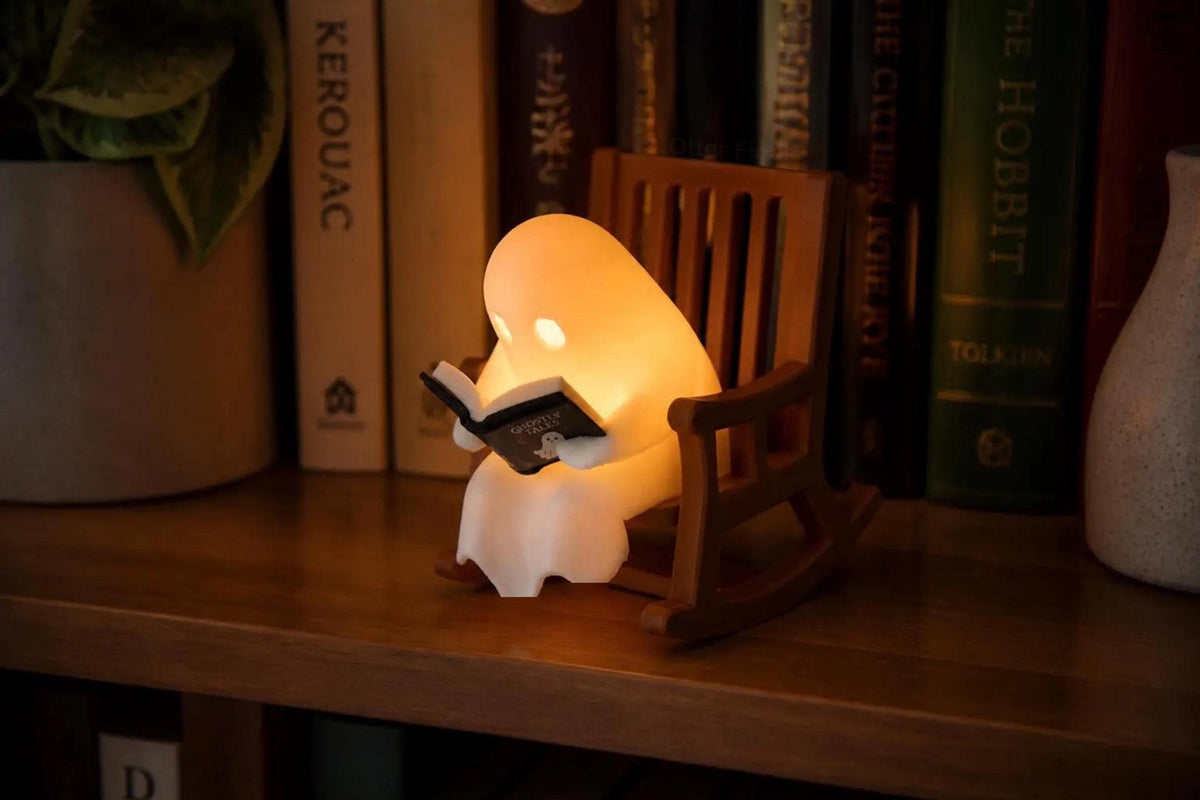 Reading Ghost Shelf Sitter - Glowing Bookshelf Decor - Cute Book Lover Gift - Halloween Ornament - Reading Nook & Library Decor
