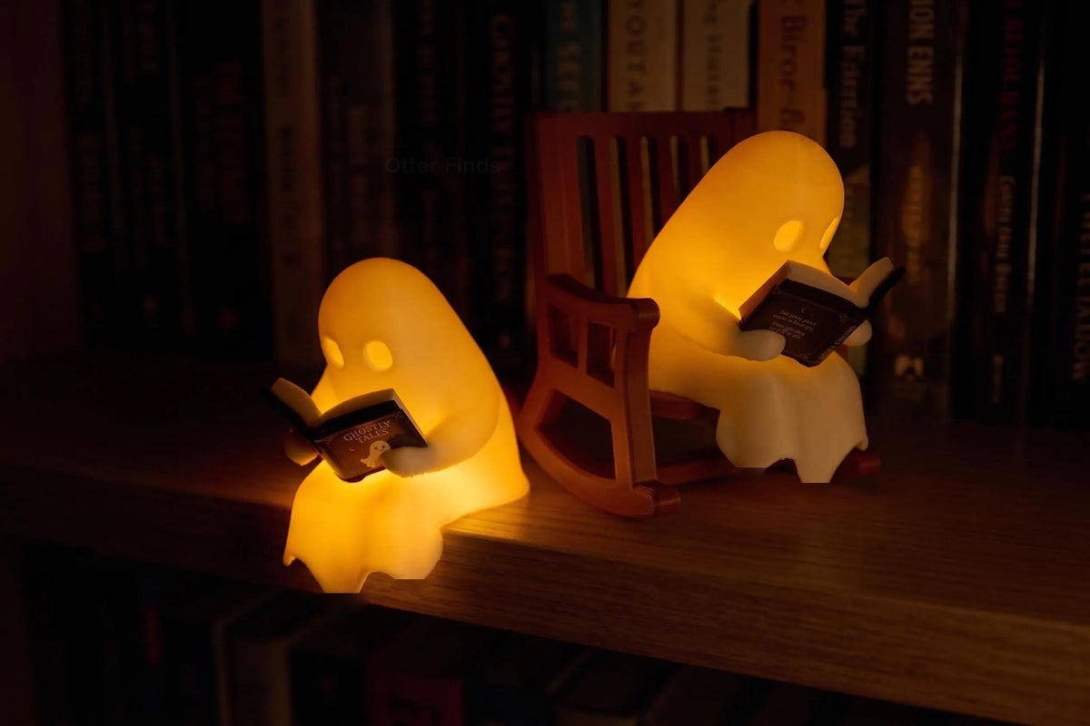 Reading Ghost Shelf Sitter - Glowing Bookshelf Decor - Cute Book Lover Gift - Halloween Ornament - Reading Nook & Library Decor