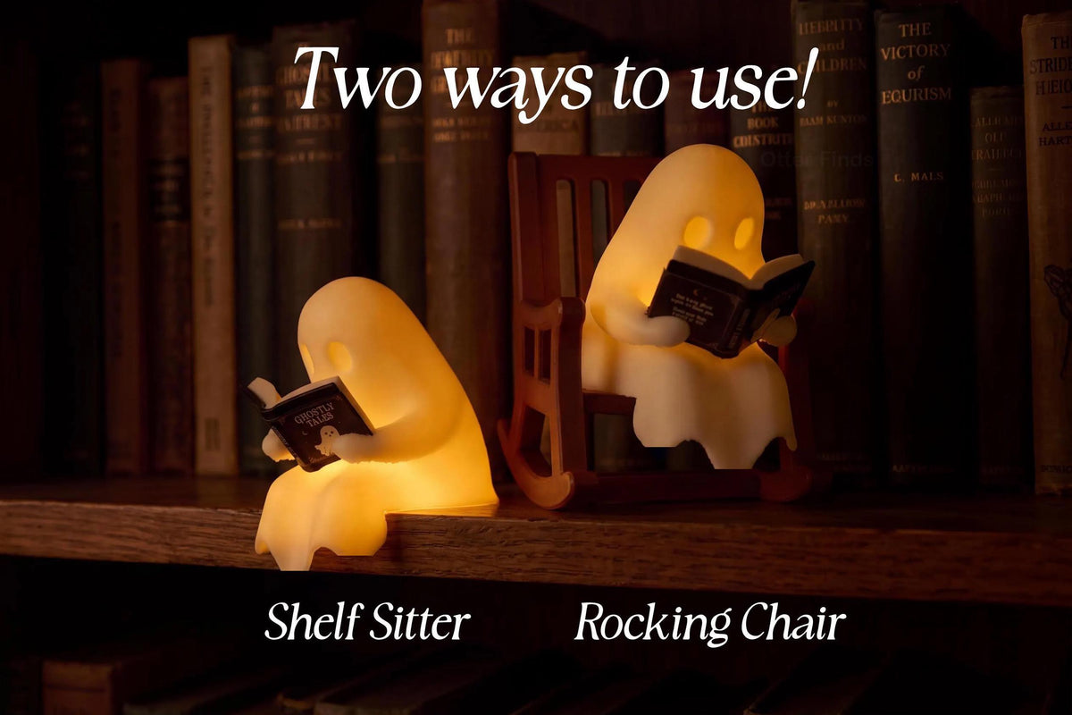 Reading Ghost Shelf Sitter - Glowing Bookshelf Decor - Cute Book Lover Gift - Halloween Ornament - Reading Nook & Library Decor