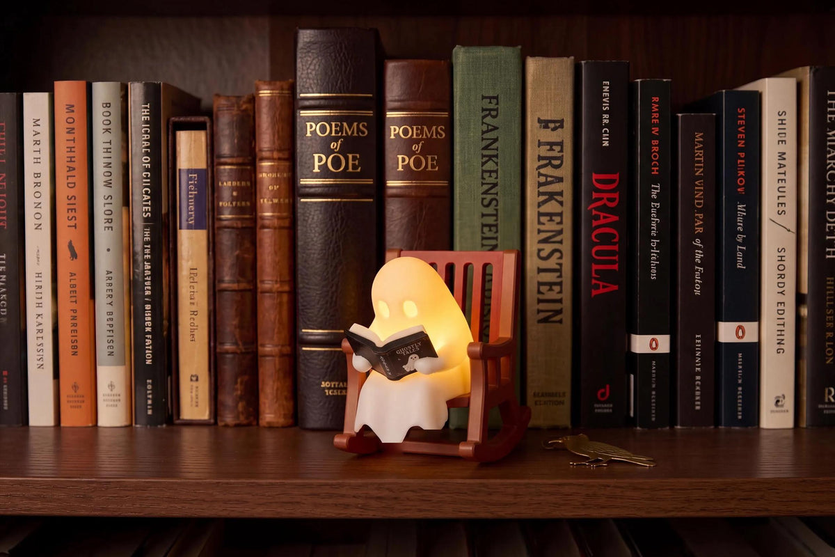 Reading Ghost Shelf Sitter - Glowing Bookshelf Decor - Cute Book Lover Gift - Halloween Ornament - Reading Nook & Library Decor