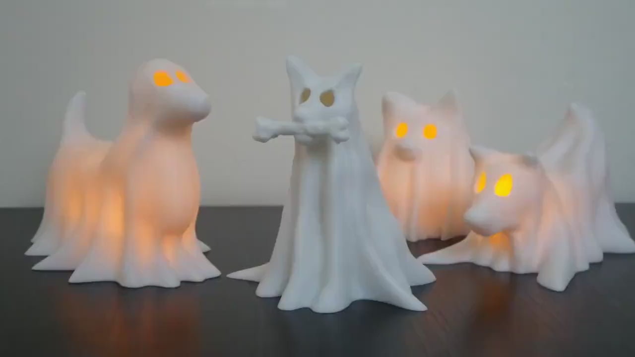 Ghost Dogs with LED Tea Lights - Halloween Home Decor - Gifts for Dog Lovers - Office Desk Autumn Decor - 3D Printed Ghost Pet Night Light