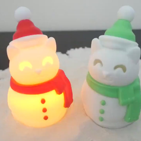 Cat Snowman with LED Tea Light - Christmas Home Decor - Gifts for Cat Lovers - Office Desk Winter Decor - Holiday Pet Night Light