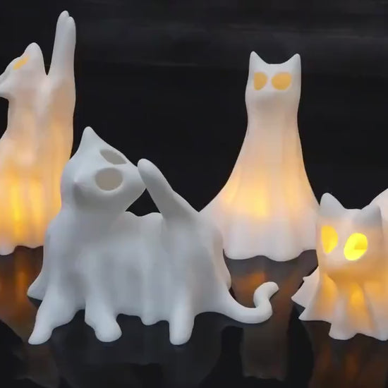 Ghost Cats with LED Tea Lights - Halloween Home Decor - Gifts for Cat Lovers - Office Desk Autumn Decor - 3D Printed Ghost Pet Night Light
