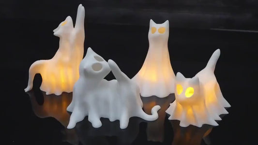 Ghost Cats with LED Tea Lights - Halloween Home Decor - Gifts for Cat Lovers - Office Desk Autumn Decor - 3D Printed Ghost Pet Night Light
